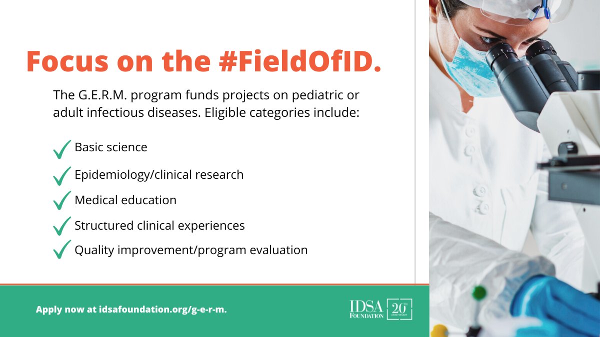 IDSAFoundation's tweet photo. Focus on the #FieldOfID 🔬 The G.E.R.M. Program furthers clinical learning and/or research opportunities for the next generation of #ID and #HIV physicians under the mentorship of current ID and HIV leaders. Pick an ID-related topic and apply today: https://t.co/RD1wck3O0Y https://t.co/bFEmFDBTF5
