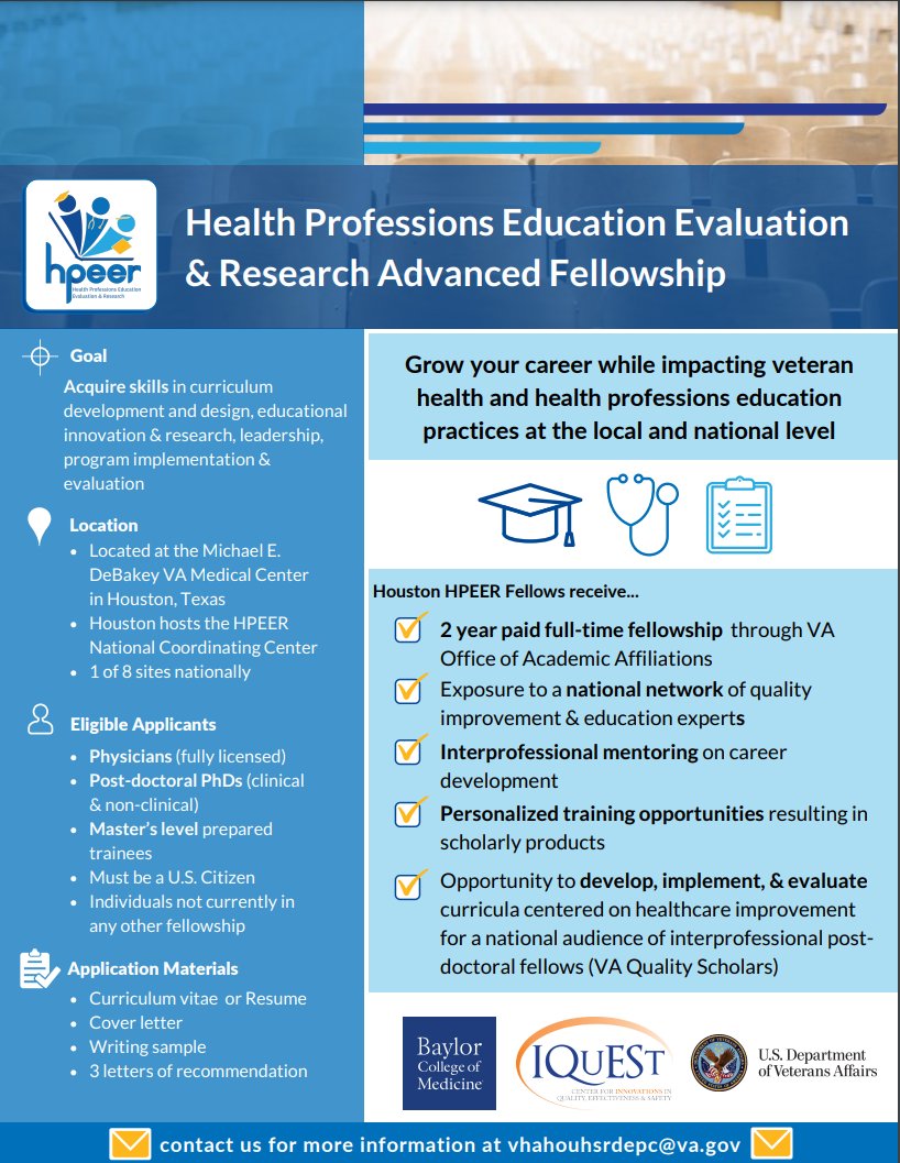 Job Opportunity: Health Professions Education Evaluation and Research (HPEER) Fellow in Houston, TX! Check out the flyer for more information and how to apply. #fellowship #jobalert #HPEER