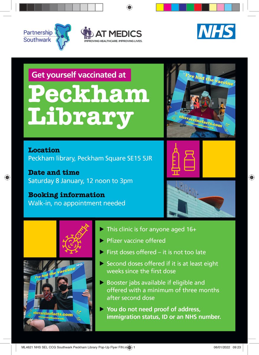 PeckhamVision's tweet photo. Vaccinations in Peckham -
Saturday 8th January midday to 3pm
Peckham Library - WALK-IN - no appointment needed
for all over age 16 https://t.co/3VXjfjZiRa