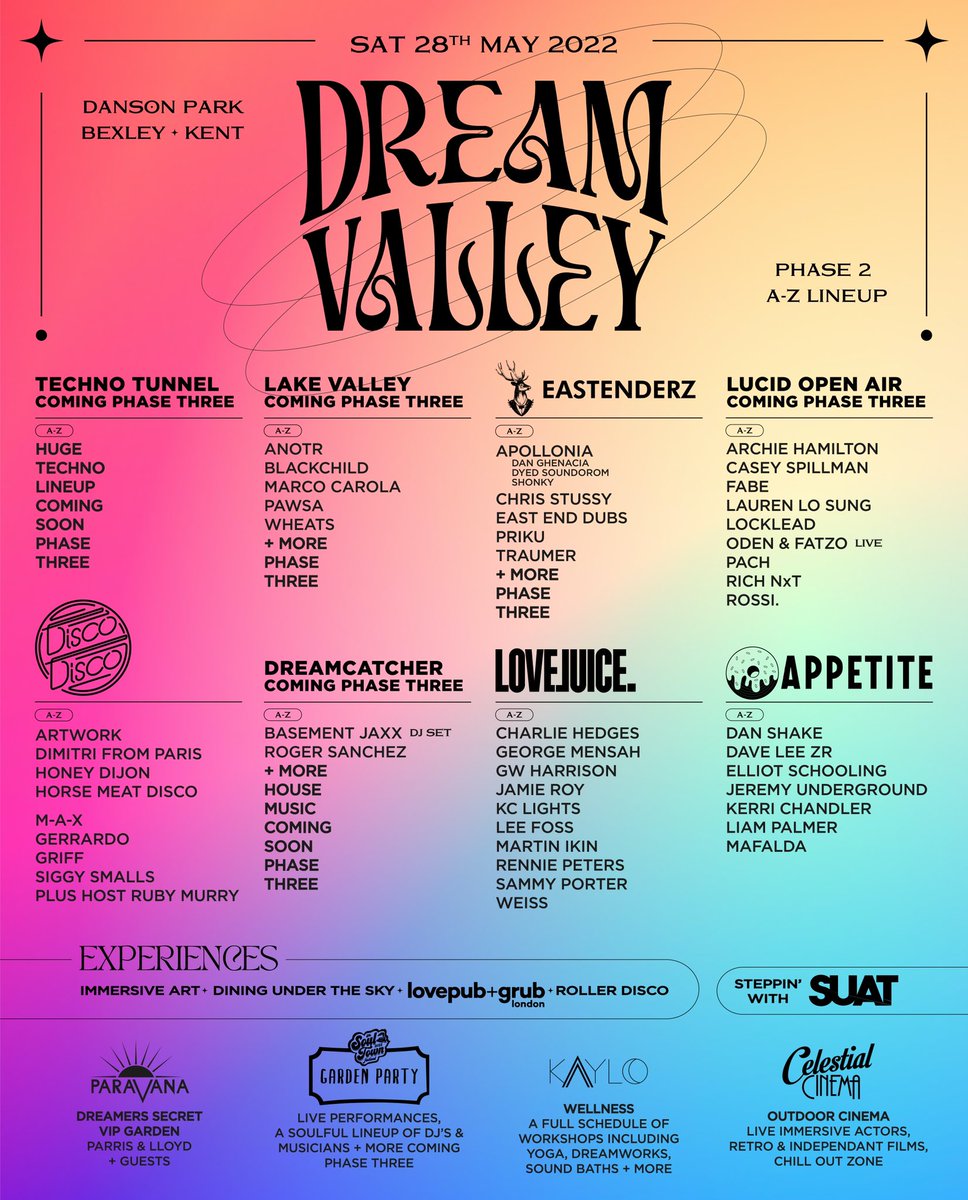 Dreamvalleyuk's tweet photo. The Phase 2 line-up is officially here! We are so excited to welcome our first 4 stellar stage partners and new line up additions 🌈✨

Phase 1 tickets have now sold out, so be sure to sign up for priority access on the next release! RT to enter our NEW competition below 🎪☟︎ https://t.co/BPJda8NkNl