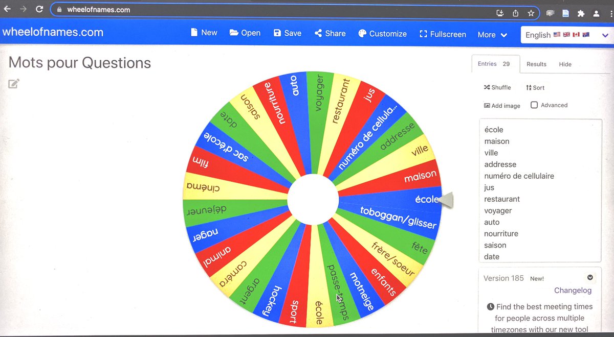 I just learned about this today! 🤯. wheelofnames.com allows you to add any text you want onto a spin wheel and boom, students have a topic, a prompt, or a question to answer/ask. I’m trying this with my FSF1 Ss tomorrow!!