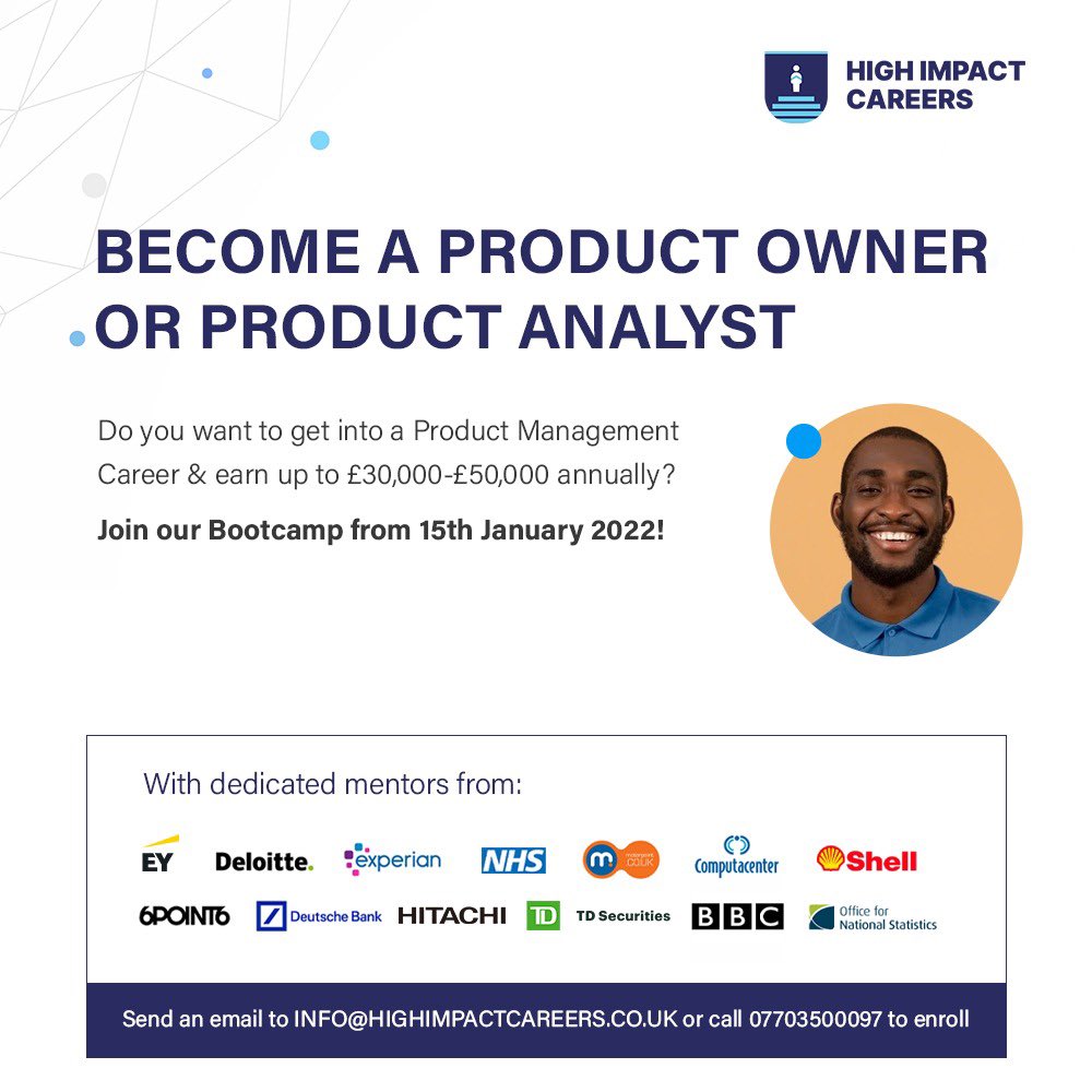 OgbeniDipo's tweet photo. Do you want to get into a Product Management (Product Owner or Product Analyst) Career and earn up to £30,000-£50,000 annually?

Join @HighImpact01’s Bootcamp on 15th January! Click https://t.co/nfNaBzEzgf to enrol!

📧:INFO@HIGHIMPACTCAREERS.CO.UK if you’ve got any queries. https://t.co/syML8TVqWK