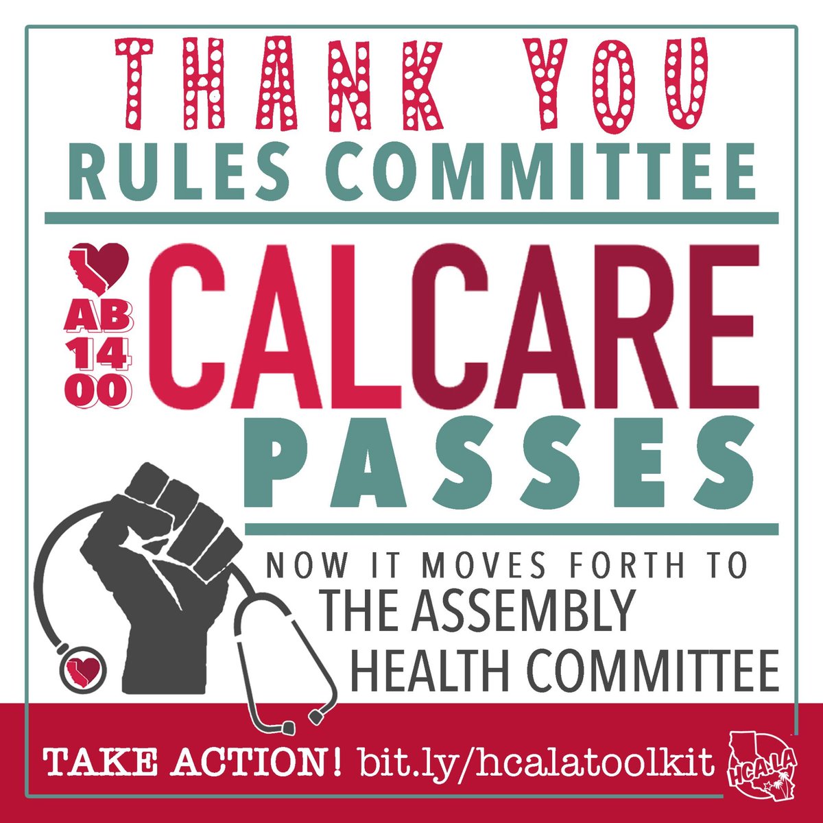 hc4us_org's tweet photo. When we fight WE WIN!
Today #CalCare #AB1400, the CA Guaranteed #HealthcareforAll bill, passed the Assembly Rules Cmte. THANK YOU Rules Cmte!
Now the bill must pass from the Health Cmte to the Appropriations Cmte by Jan. 14. https://t.co/wRhChD7FRc