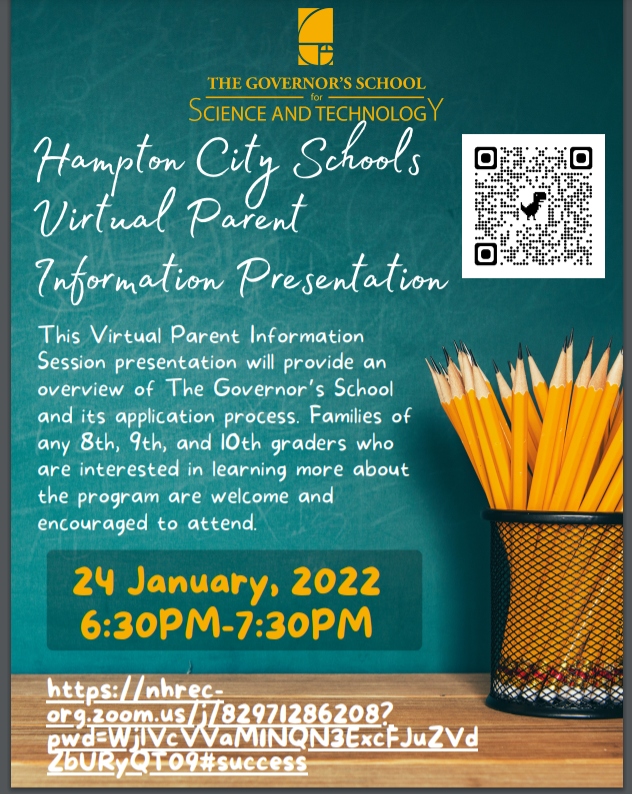 NHREC_GSST's tweet photo. Governor's School Director will present and overview of the GSST and PAS programs for Hampton City School families on January 24th at 6:30PM. @NHGSST @NHREC_VA #GSST #WeAreNewHorizons #bodlygoing https://t.co/SUWdKX5JWv