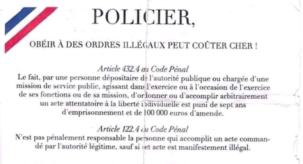 Amis policiers et gendarmes, n'oubliez pas les principes fondamentaux qui ont encadré jusqu'ici votre action. Force doit rester à la Loi, mais la Loi est au service du Peuple.
Le Peuple est attaqué. Et le vent de l'Histoire va souffler. #UnionSacree