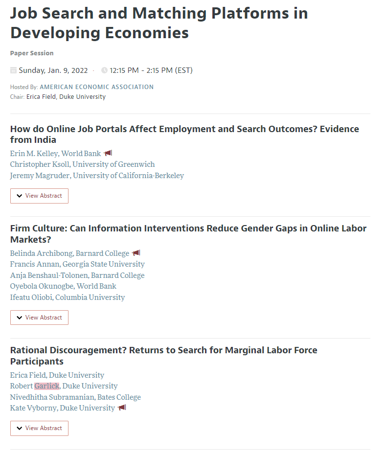 KateVyborny's tweet photo. Excited about our #ASSA2022 panel on job matching platforms in developing countries this Sunday at 12.15pm EST with @_nivedhitha @JeremyMagruder @belindaarch @fannan2316 @TolonenAnja @oyebolaoo @IfeatuOliobi, Rob Garlick, Erica Field, Erin Kelley &amp; Chris Ksoll!  @DevLabDuke1 https://t.co/FELsZjMeN3