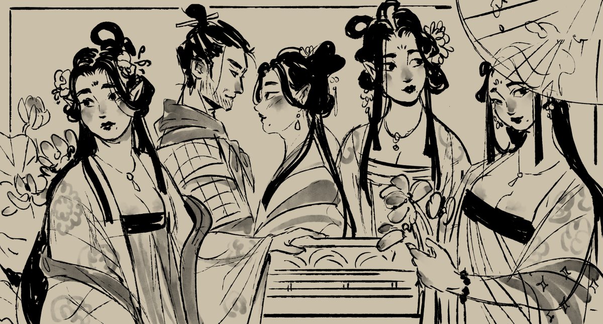leiahamart's tweet photo. More LOTR: Middle Kingdom! 

Some thoughts on how the armies would dress themselves, with inspiration from the central Asian steppes for the Rohirrim, and more scholarly, Tang Dynasty influences for the Elves. 

Also soft yang guifei-esque Arwen because that brings me joy. https://t.co/VO6CTG8mHp