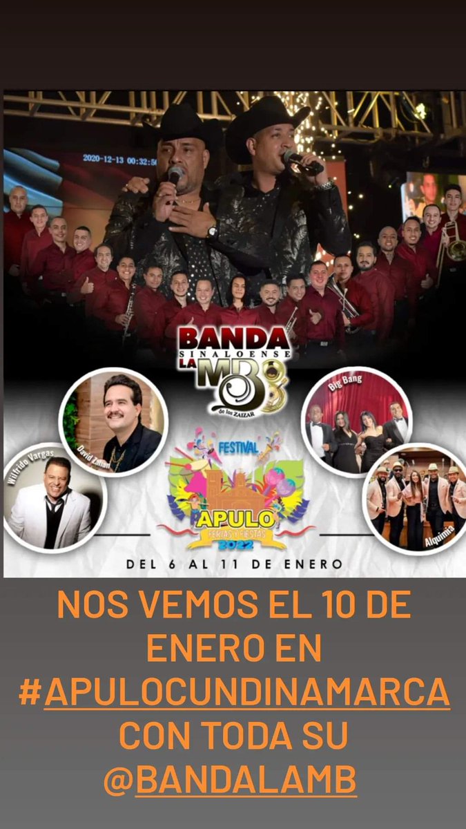 LatinCampos's tweet photo. Nos vemos el 10 de enero en #APULOCUNDINAMARCA con toda su @bandamboficial https://t.co/GJBWDaYbcf