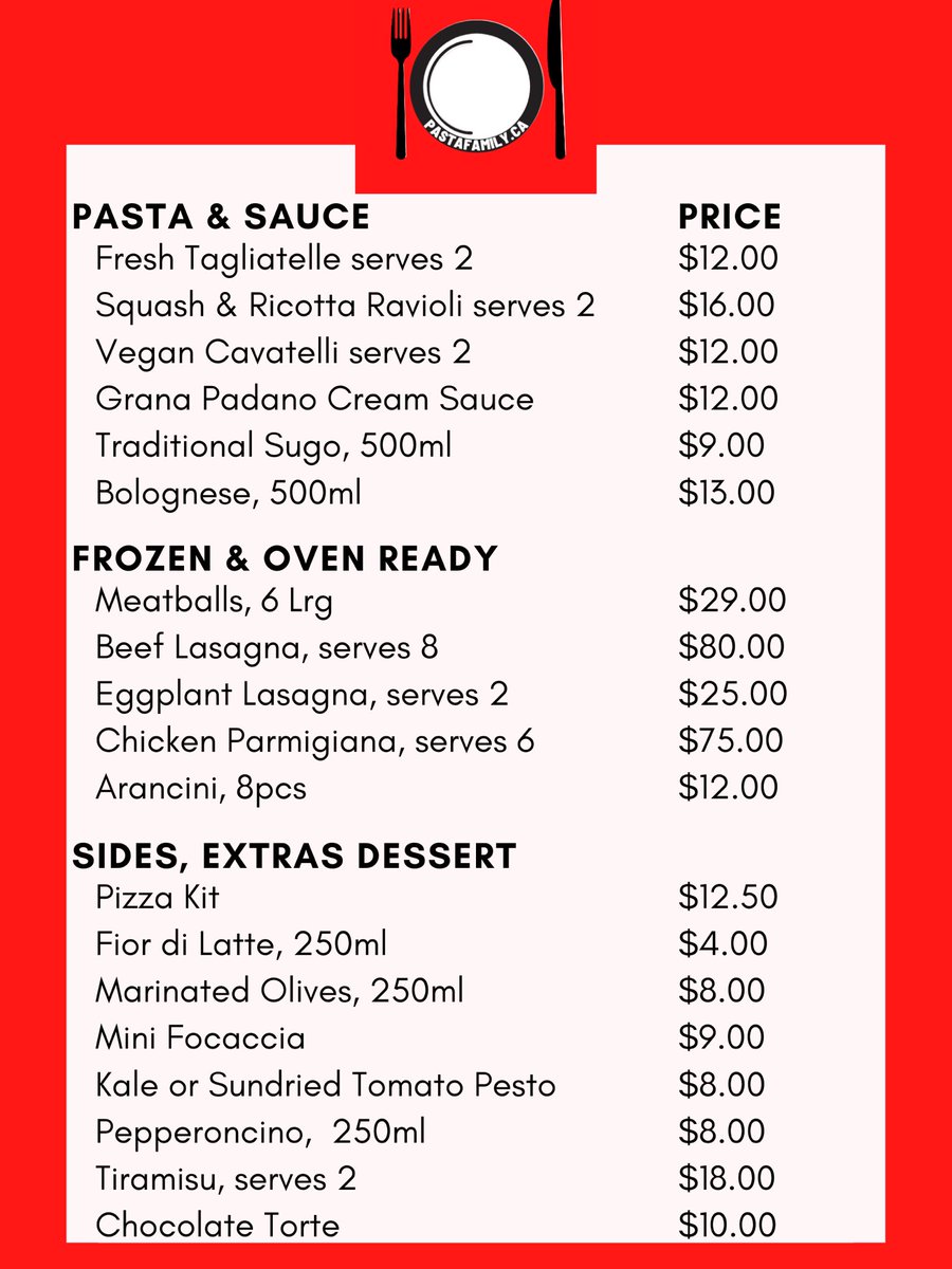 Introducing PastaFamily.ca  Our chefs make oven-ready or ready to cook meals to deliver the next day.  No production kitchens!  Just our hardworking chefs bringing F’Amelia to your home!