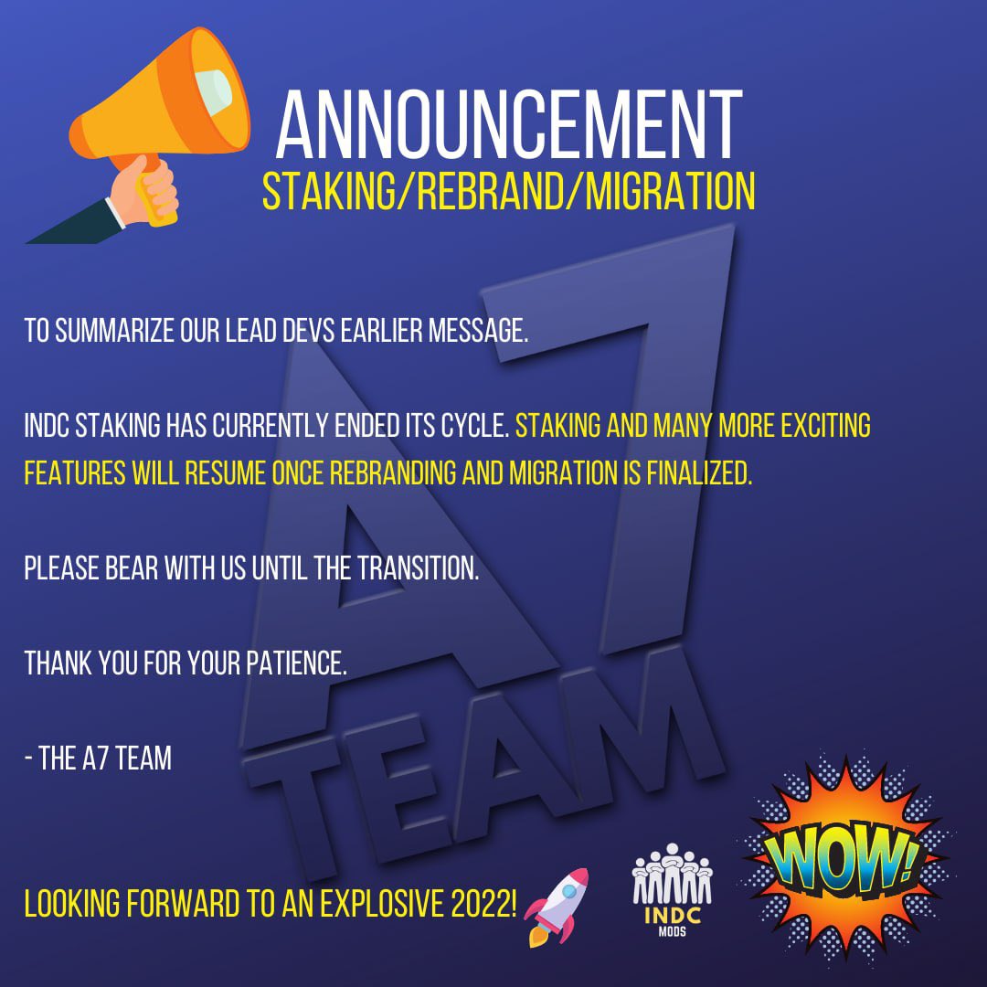 📢 IMPORTANT ANNOUNCEMENT 📢 

INDC Staking has currently ended its cycle. Over 100 trillion tokens were distributed to holders🎉

Staking and many more exciting features will resume once rebranding and migration is finalized.

Huge things are coming 🤩

#NanoDogeCoin #INDC #BSC