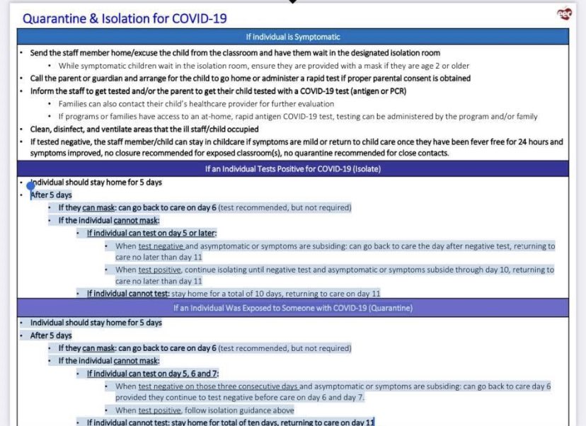 Wendypics's tweet photo. @MassEarlyEdCare I think you messed up the middle/positive section. It makes 0 sense to test on day 5 when you are positive and no mention of symptoms=longer quar. Among other things. Please review as you are putting very young children at risk. https://t.co/YGmGVSmu7h