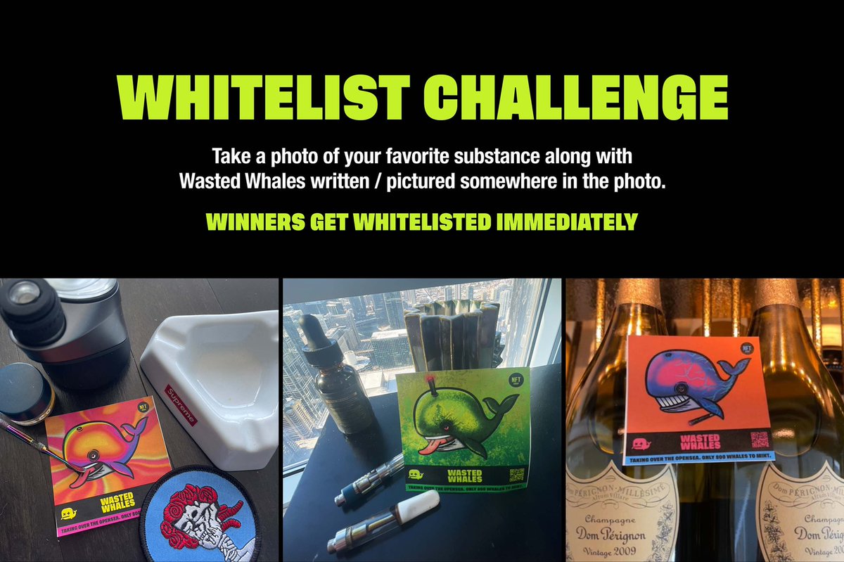 *WHITELIST GIVEAWAY*

To participate:
1. RT and follow @wastedwhales
2. Take a photo of your favorite substance along with Wasted Whales written / pictured somewhere in the photo.

wastedwhales.org

#NFT #NFTGiveaway #eth #420NFT #bayc #wlgiveaway