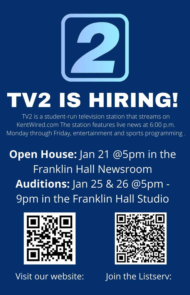 TV2 is hiring! Join us for our Open House Jan. 21 at 5 pm in the Franklin Hall newsroom. Auditions will be held on Jan. 25 &amp; 26 from 5 to 9 p.m. in the Franklin Hall studio. For more information visit our website at the link in our bio.