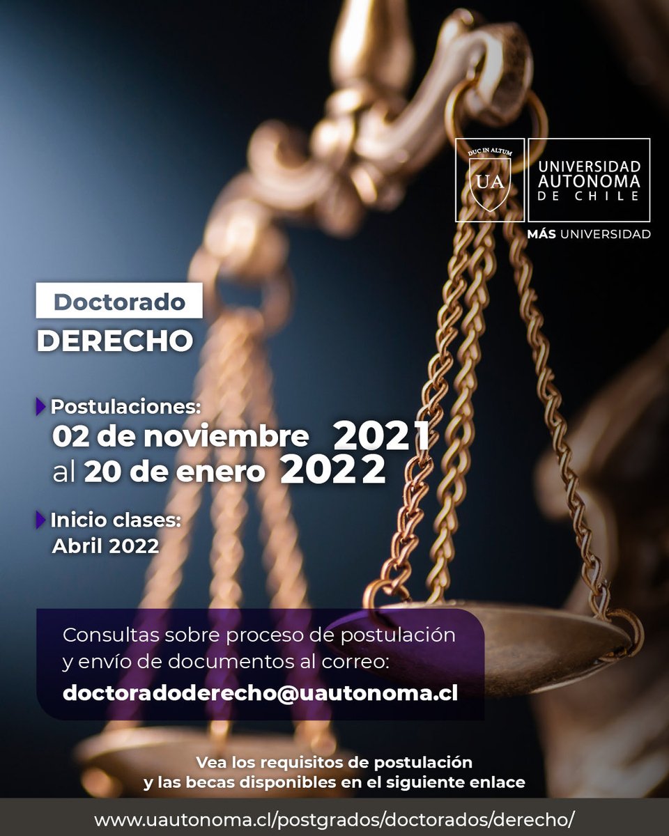 📢🎓Aún tienes tiempo para postular a nuestro Doctorado en Derecho. Conoce a nuestro claustro académico en 👉 iid.uautonoma.cl ⁦<a href="/autonomadechile/">Universidad Autónoma de Chile</a>⁩ ⁦<a href="/UAinvestigacion/">Vicerrectoría de Investigación y Doctorados UA</a>⁩ ⁦<a href="/ciencias_chile/">Centro de Comunicación de las Ciencias</a>⁩ ⁦<a href="/postgradosua/">Postgrados Universidad Autónoma</a>⁩ ⁦<a href="/ChileColegio/">Colegio de Abogados de Chile</a>⁩