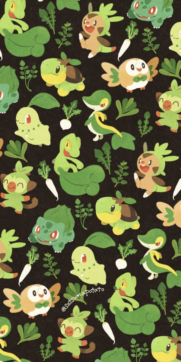 bulbasaur ,chikorita ,rowlet ,snivy pokemon (creature) no humans smile open mouth closed eyes closed mouth red eyes  illustration images