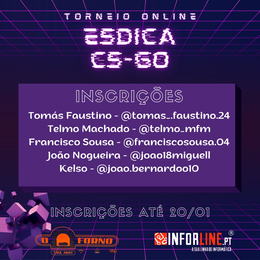 🔫 PREPARADO PARA O TORNEIO ON-LINE ESDICA DE CSGO? 
💣 O custo da inscrição é de 15€ por equipa. 
👉 Forma a tua equipa e envia mensagem privada para um dos nossos organizadores e eles tratam do resto! 
📩 discord.gg/4GYube6wtg