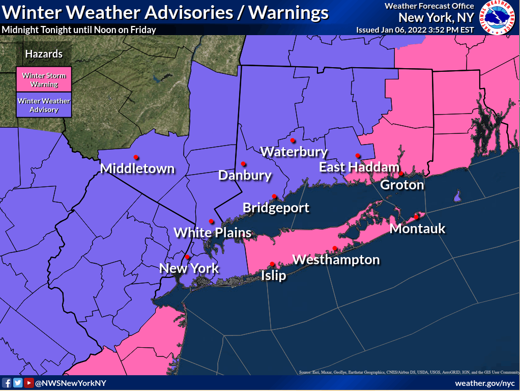 NWSNewYorkNY's tweet photo. Here are the latest advisories and warnings for the area. Advisories and Warnings go into effect from midnight tonight to noon on Friday.
For more in depth winter weather information on the snow heading our way you can visit our winter page at : https://t.co/3iQD1H0keP https://t.co/AqshSMv2Qx