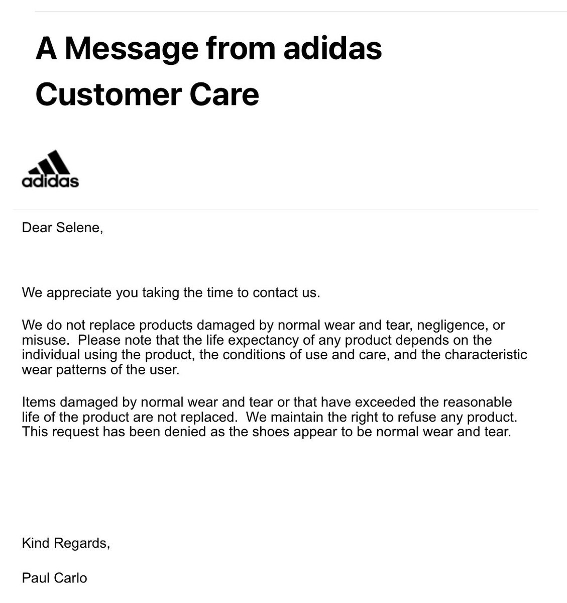 TheHCILCode's tweet photo. @adidas @didasconnect Shame on you adidas!your very expensive product did not even last three months and my son spent all his savings and car wash money to buy them.This is a horrible response from a reputable company. https://t.co/TKI5eLliSw