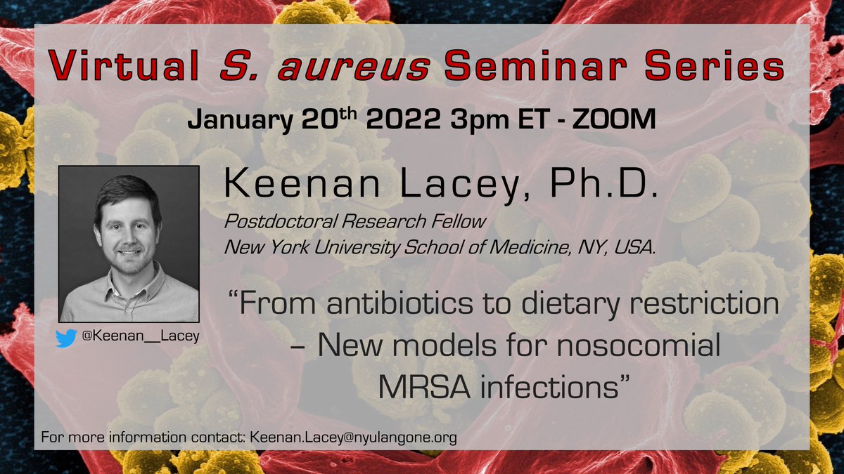 Keenan Lacey (@keenan__lacey) on Twitter photo ⚡️All good things must come to an end!⚡️
I will be giving the final seminar of the Virtual S. aureus Seminar Series on Thursday, January 20th at 3pm EST.
Click the link to join the mailing list: bit.ly/34kxCiZ
<a href="/nyugrossman/">NYU Grossman School of Medicine</a> <a href="/nyulangone/">NYU Langone Health</a> ⚡️All good things must come to an end!⚡️
I will be giving the final seminar of the Virtual S. aureus Seminar Series on Thursday, January 20th at 3pm EST.
Click the link to join the mailing list: bit.ly/34kxCiZ
<a href="/nyugrossman/">NYU Grossman School of Medicine</a> <a href="/nyulangone/">NYU Langone Health</a>