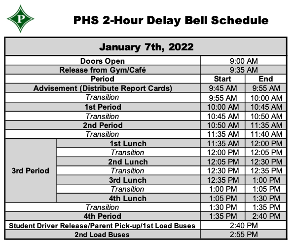 PickensHighGa's tweet photo. Attention, Dragon Nation! ALL @PCBOEGA schools will be operating on a 2-hour delay tomorrow, 1/7/2022. See the @PickensHighGa bell schedule below⬇️. Stay warm 🥶 & be safe. #WeRowAsOne https://t.co/zplqY7hume