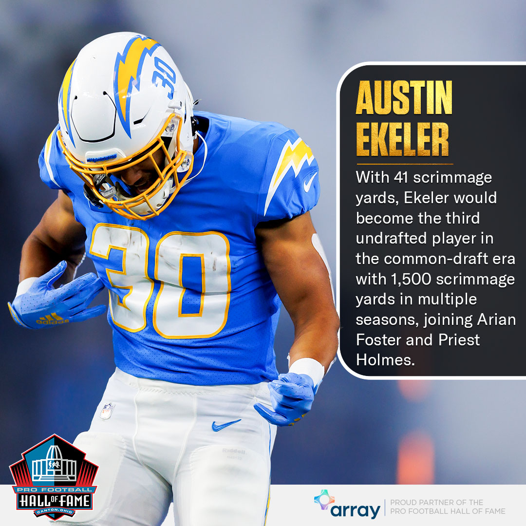 ProFootballHOF's tweet photo. With 41 scrimmage yards, @AustinEkeler would become the third undrafted player in the common-draft era with 1,500 scrimmage yards in multiple seasons, joining Arian Foster and Priest Holmes.

@chargers | #BoltUp | #LACvsLV

🤝 @ArrayBC https://t.co/lhDvxW2z6I