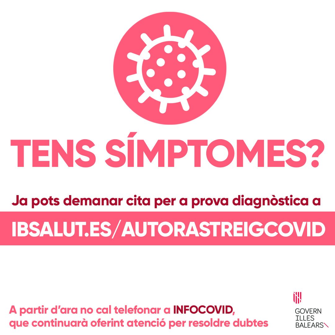 A partir d'avui... 👉Les persones amb símptomes compatibles amb la COVID-19 poden demanar cita per a una prova diagnòstica 🧪a través de BitCita 🤳 <a href="/SalutGOIB/">Conselleria de Salut</a> <a href="/ibsalut/">Servei de Salut de les Illes Balears (IB-SALUT)</a>  caib.es/pidip2front/js…