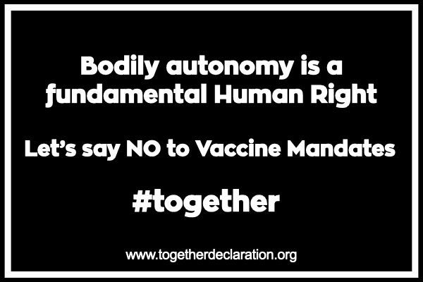 Personal choice &amp; bodily autonomy are fundamental in a free society

It is unacceptable that 100K NHS Staff who have worked the frontline for 22 months are now being threatened

#NoMandatoryVaccines #TogetherDeclaration <a href="/Togetherdec/">Together</a>
 
Join our campaign: bit.ly/3sUD6Px