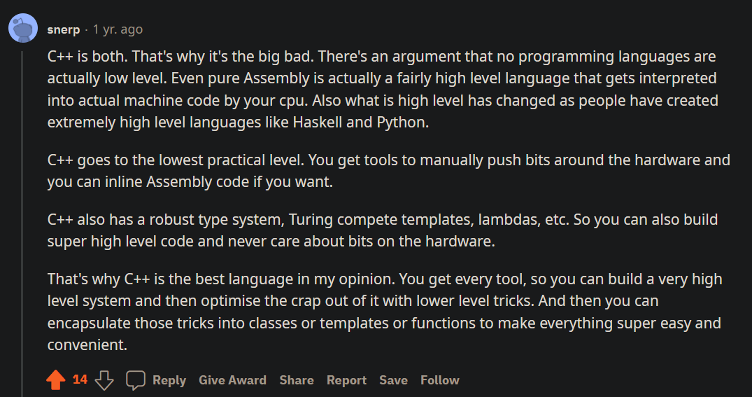 JonathanJiWu's tweet photo. Redditors know what's up. 
(Is C++ a high-level or low-level language?) https://t.co/N3b29okp4b