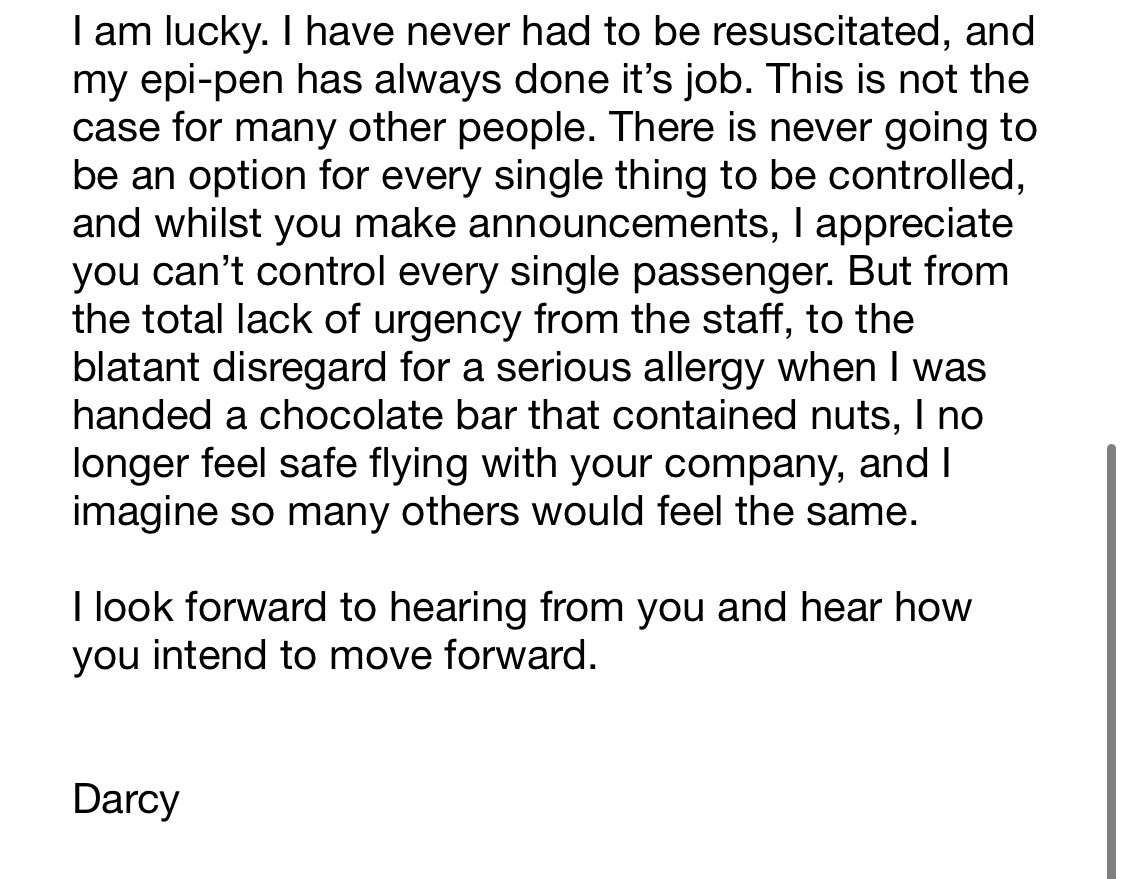 darcywillison's tweet photo. . @FlySWISS I sent this email concerning the anaphylactic shock I experienced on board a flight after staff handed out nuts on board. I am yet to hear anything from your team about how we move forward. https://t.co/QgrSkkvOpy