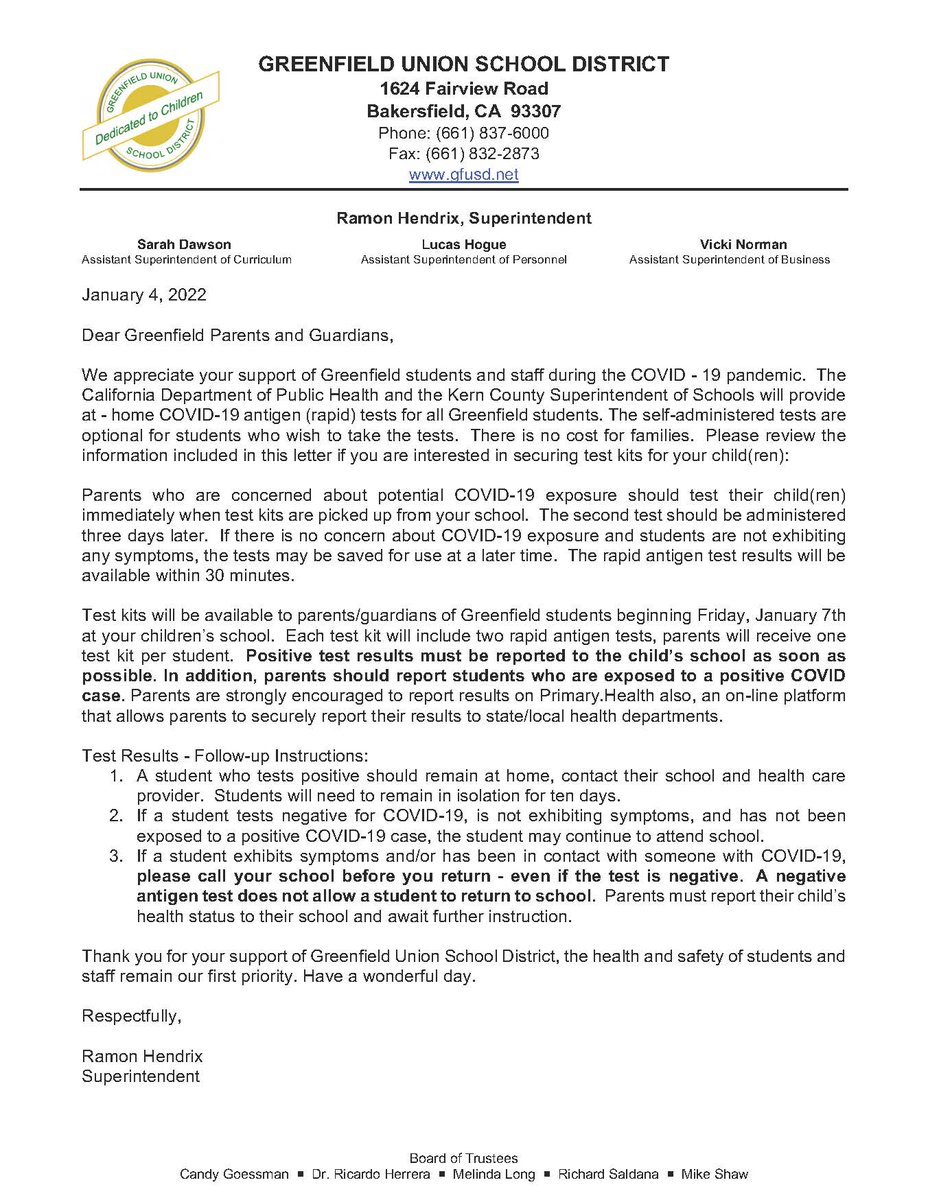 ProsperityElem1's tweet photo. The California Department of Public Health and the Kern County Superintendent of Schools will provide at - home COVID-19 antigen (rapid) tests for all Greenfield students. Please read the Letter from the Superintendent Ramon Hendrix for more information.
https://t.co/QykjXFlpYy https://t.co/IBjlWaMtsP