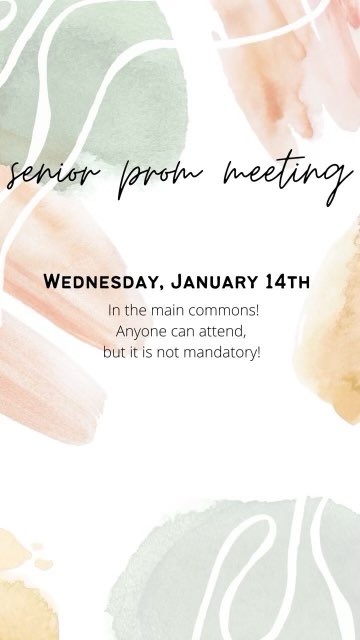 2022romeo's tweet photo. Attention Seniors! 

There will be a class meeting about prom next Wednesday January 14th at 2:30 in the main commons. Anyone can attend the meeting :) https://t.co/XeH1XpfBNl