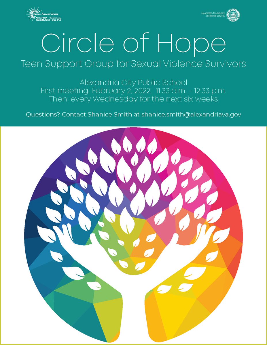 AlexTeenLife's tweet photo. The Alexandria Sexual Assault Center is facilitating a sexual violence teen support group to discuss topics such as identifying triggers and coping skills and setting boundaries. Meetings will be at ACHS. If interested, send referrals to Shanice.smith@alexadriava.gov by 1/28/22. https://t.co/JW6Ha6yMcu