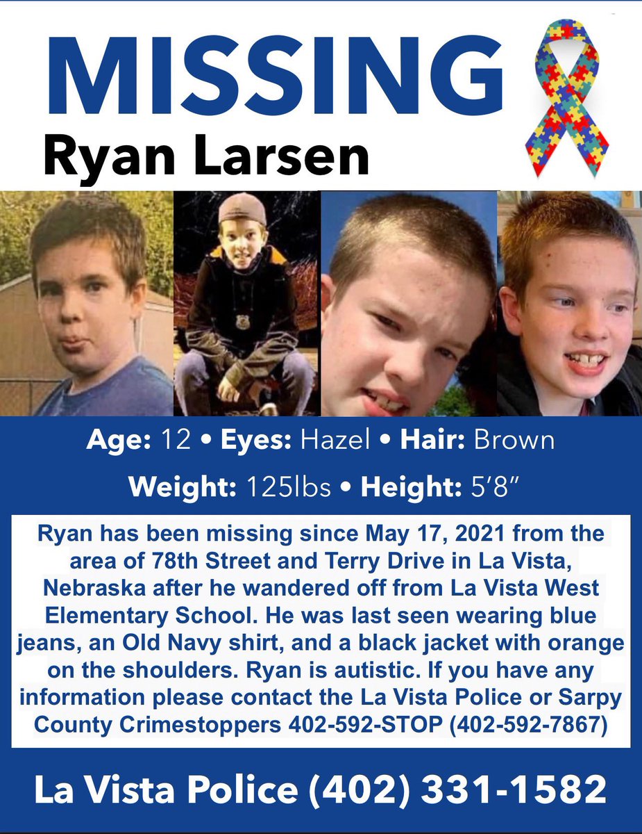 BoyMom_BeachGaL's tweet photo. Ryan Larsen, 12 year old boy with Autism, has been missing since MAY 2021! 7 months! La Vista, Nebraska. Please help find Ryan Larsen! #FindRyanLarsen @lavistapolice
@wowtv6news
@ketv
@3newsnowomaha
@FOX42KPTM
@owhnews
@JournalStarNews @Nerdy_Addict #NerdBirdMafia @lmmeridith https://t.co/5dAy7OPKwR