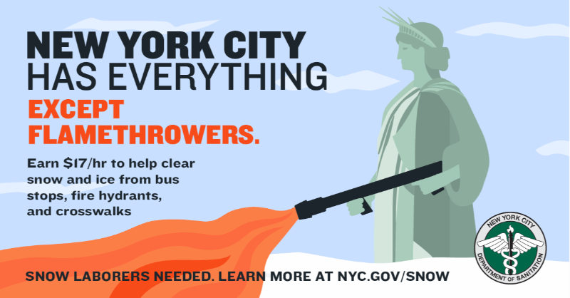 NYCSanitation's tweet photo. Earn $17/hr to help clear snow and ice from bus stops, fire hydrants, and crosswalks. Snow laborers needed. Learn more at https://t.co/0uvP4TwxI9