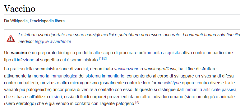 Definizione di vaccino su Wikipedia al 06/01/2022, sicuramente presto verrà cambiata facendo sparire la parola "immunità".