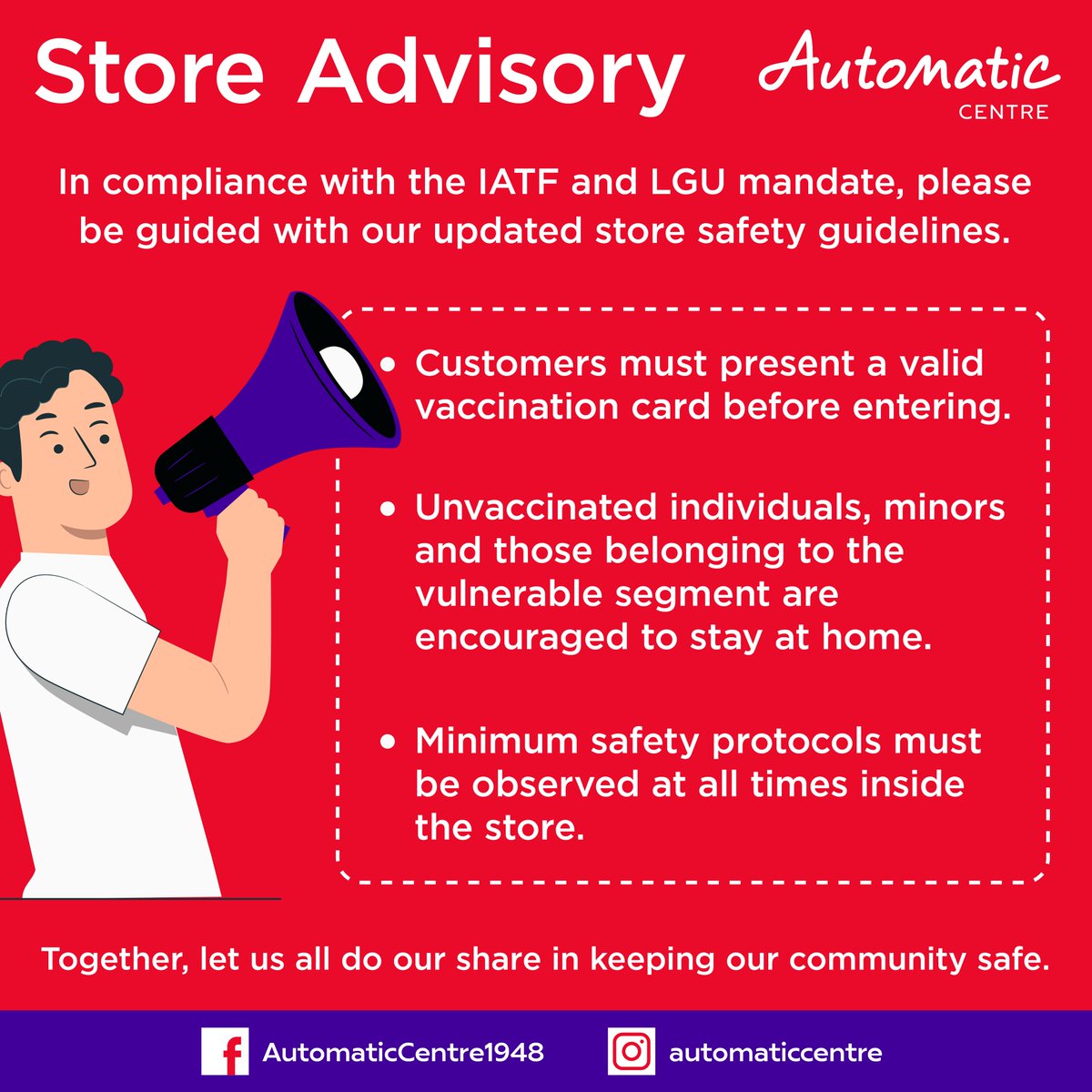 AutomaticCentre's tweet photo. 📢Store Advisory

In compliance with IATF and LGU mandate, please be guided with our updated store safety guidelines. https://t.co/pTCddftdXG
