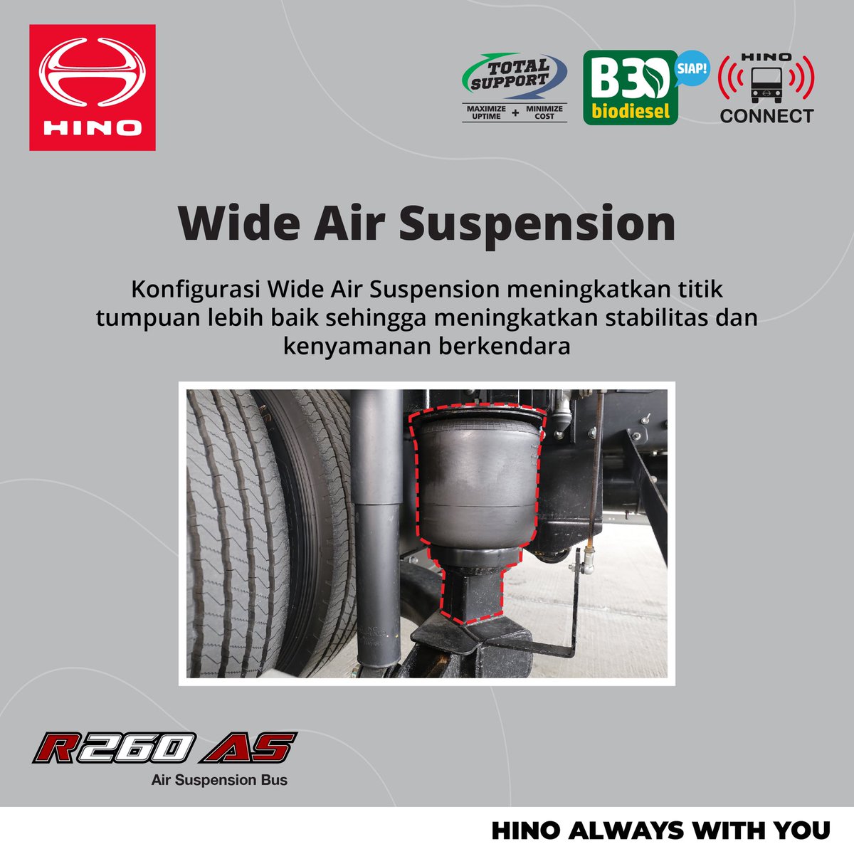 hinoID's tweet photo. Hino R260 AS memiliki Wide Air Suspension. Konfigurasi Wide Air Suspension meningkatkan titik tumpuan lebih baik sehingga meningkatkan stabilitas dan kenyamanan berkendara. #HINOalwayswithYOU #HinoID #HinoIndonesia #HinoTruckandBus #HinoTotalSupport #HinoR260AS https://t.co/JVadSfwPrz