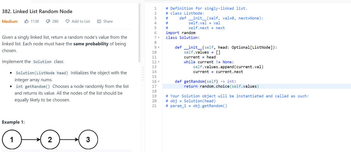 zenemm_'s tweet image. Todays problem: LeetCode382
This problem had me working with linked lists.
I had no idea how to iterate through one in python & the boilerplate confused me, though both seemed obvious after looking up.
Lesson: slow down and think before googling.
#100DaysOfCode #codesolution
