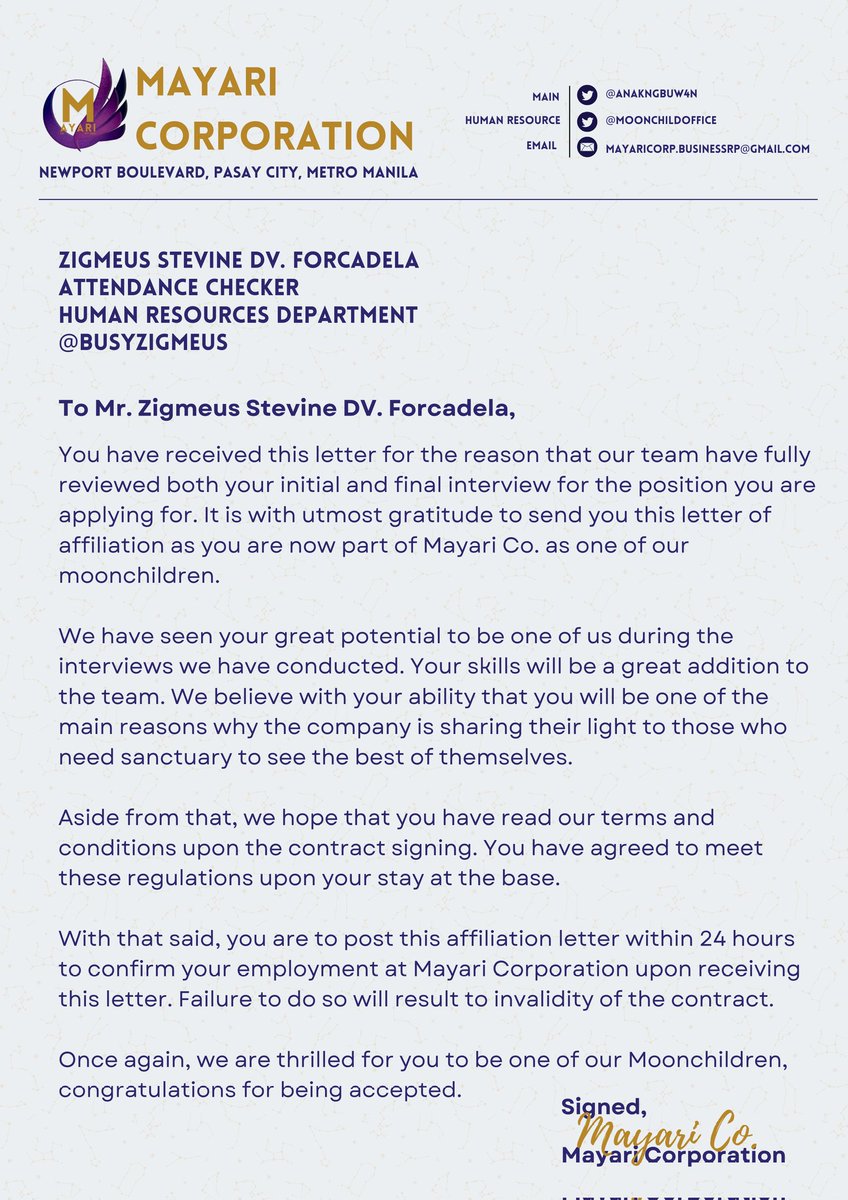 ㅤㅤㅤㅤ

﹫ busyzigmeus.⠀ posted an affiliation update. 
              ≡   01.07.22  |  11:09
              ⌕   location disabled.

              — Zigmeus IS NOW AFFILIATED 
              WITH MAYARI.⠀ㅤㅤㅤㅤ

ㅤㅤㅤㅤ