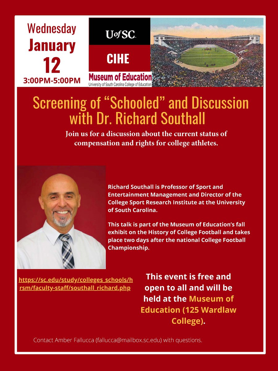 Join us for a screening of "Schooled" and a discussion on the current status of compensation and rights for college athletes! Wed, 1/12 at 3 p.m. in the 
<a href="/UofSCEducation/">USC Education</a> Museum of Education