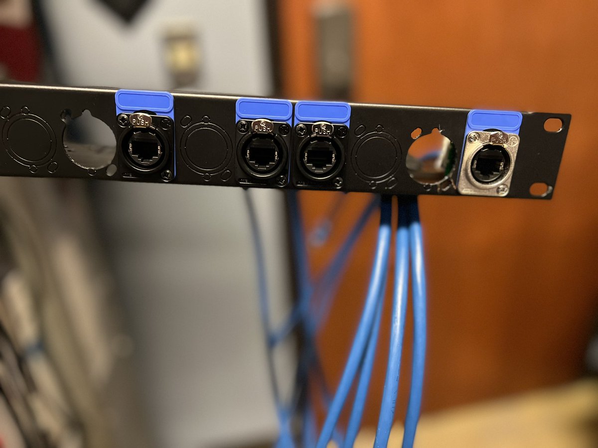 mmcconl's tweet photo. Starting to get caught up on panels. This is for the secondary @Audinate Dante switch in a rack. I like using @NeutrikUSA EtherCon connectors where I can. https://t.co/XboGsGQVME