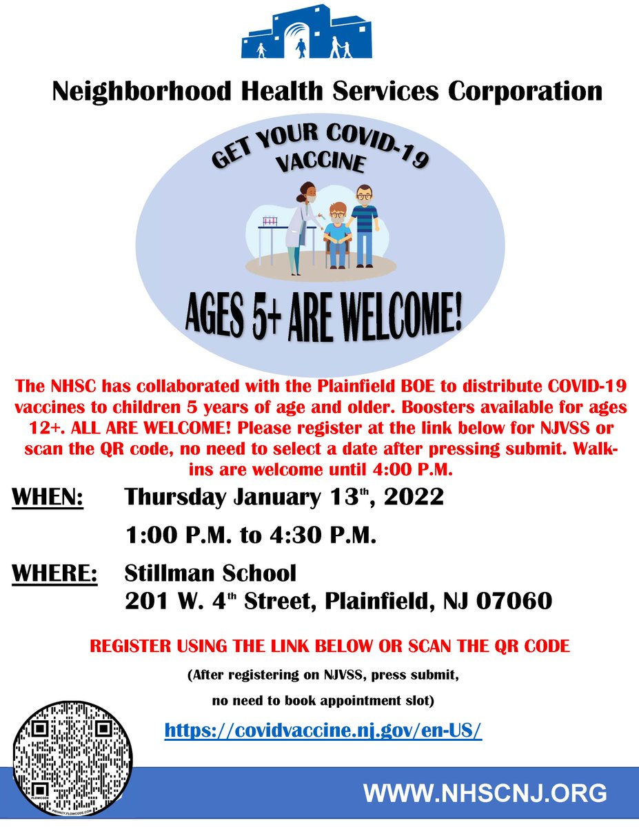 Get Vaccinated! All WELCOME! Children 5+ at Plainfield Public Schools VAX Clinic, Thurs. January 13 1-4:30 pm at Stillman Sch. 201 W. 4 St. More info. 908-731-4333. Vacunese el 13 de Enero de 1-4pm <a href="/DmitchEdD/">Diana Mitchell</a> <a href="/bethbadilla/">Elizabeth Filippatos</a> <a href="/JeffersonES1750/">Jefferson_ES_1750</a> <a href="/Hub_Hawks/">Hawks Hub</a> <a href="/caryn1014/">Dr. Caryn D. Cooper</a> <a href="/PileOnBoard/">PILE ON BOARD</a>