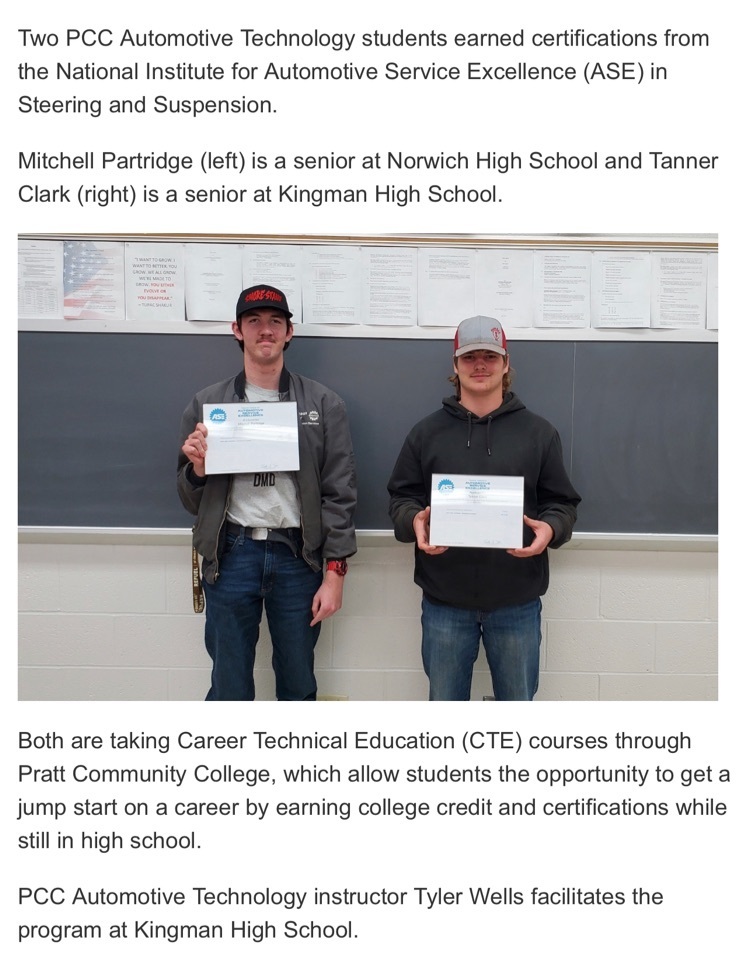 usd331's tweet photo. Congrats to Mitchell Partridge & Tanner Clark for earning ASE certifications through PCC @ Kingman High School in our Automotive program partnership with Pratt Community College! #USD331 #PCC #TeamNorwich #TeamKingman #GoEagles https://t.co/El5yXmWL0v