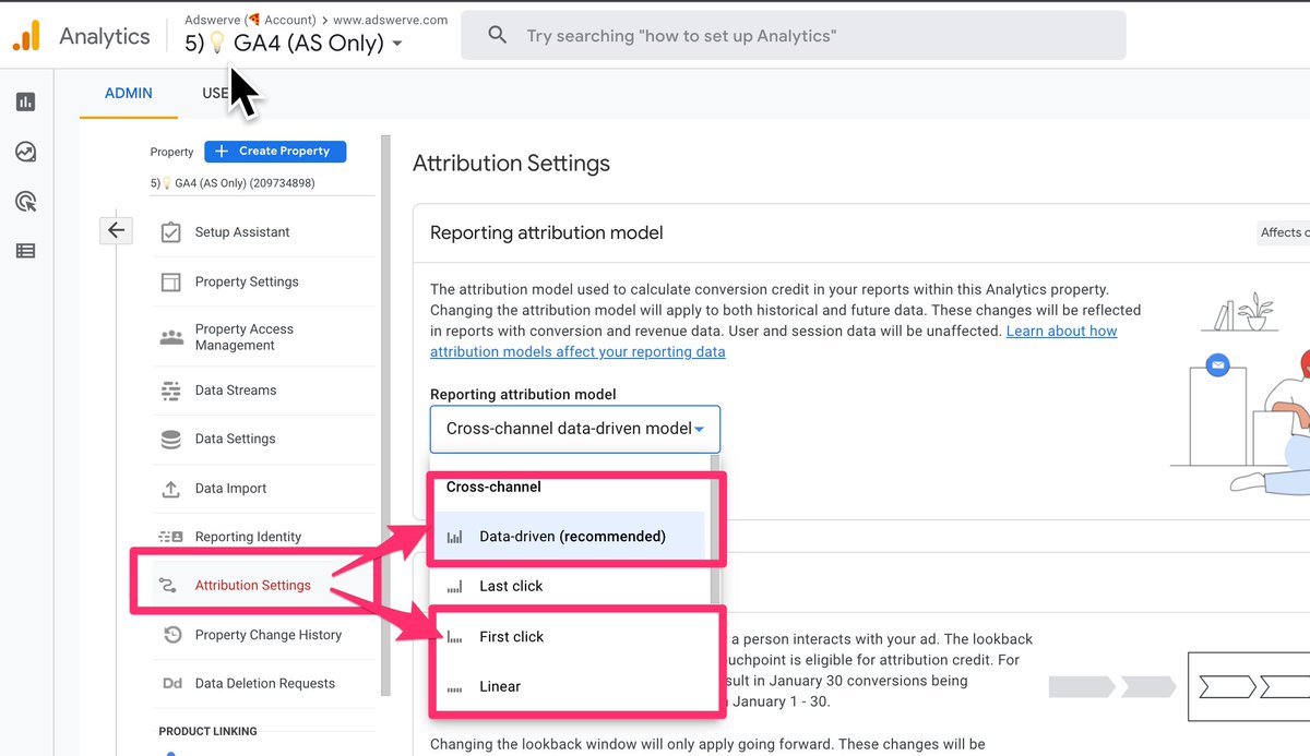 CharlesFarina's tweet photo. For the first time, you can now change the default attribution models to something other than last touch.

GA4 properties now have data-driven, linear, position-based, and time decay as options you can apply to all of your reports. https://t.co/60COwcYrqd
