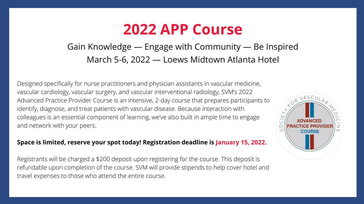 Society for Vascular Medicine | SVM (@svm_tweets) on Twitter photo Secure your spot today for the 2022 APP Course, happening March 5-6, 2022 in Atlanta! Space is limited, and the deadline to register is January 15, 2022.
Register now: buff.ly/3yWqCrW
<a href="/Angiologist/">Ido Weinberg, MD</a> #VascMedJC #vascular #meded #cardiotwitter Secure your spot today for the 2022 APP Course, happening March 5-6, 2022 in Atlanta! Space is limited, and the deadline to register is January 15, 2022.
Register now: buff.ly/3yWqCrW
<a href="/Angiologist/">Ido Weinberg, MD</a> #VascMedJC #vascular #meded #cardiotwitter
