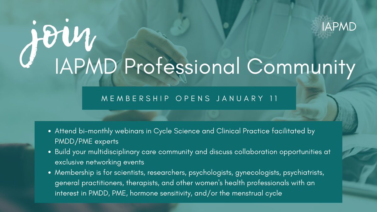 IAPMD_clinical's tweet photo. Are you a clinician working with individuals with #PMDD or #PME? Next week we are launching a professional membership program to provide educational webinars and networking opportunities to premenstrual disorder professionals. Stay tuned! January 11. #IAPMDProComm https://t.co/PWDOodlS8h