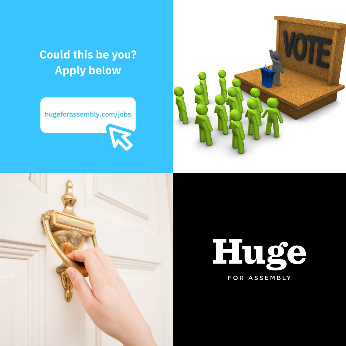 Team Huge is hiring! We're looking for staff that is energized about our vision of a safe, affordable and vibrant New York.

- Campaign Manager
- Field Director
- Call Time Manager/Scheduler

Expectations, salary ranges and application instructions below: 
hugeforassembly.com/jobs