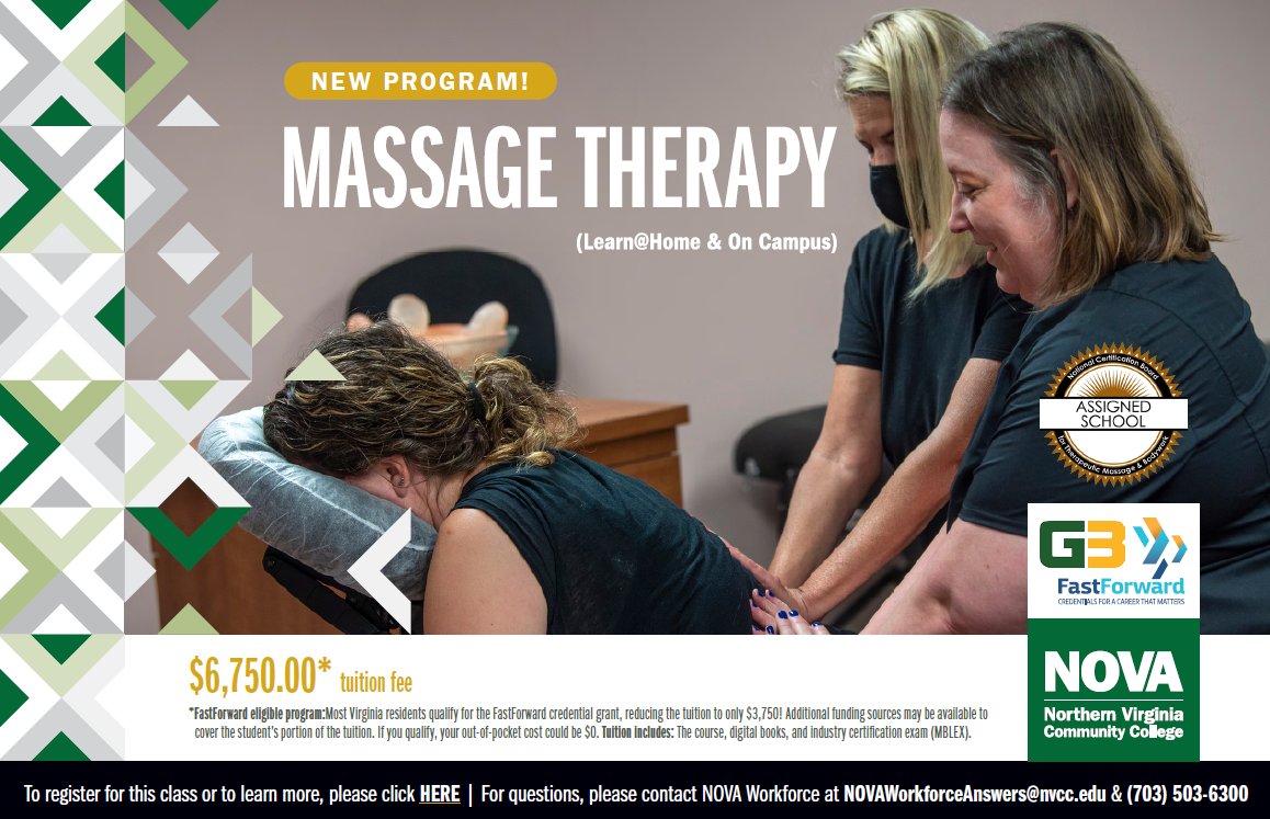 NOVAWorkforce's tweet photo. New Program: Massage Therapy - starts 1/25. 
This program is #FastForward and #G3 eligible. If you qualify, your out-of-pocket cost could be $0!
>> Learn more: https://t.co/2yScBG7WIz https://t.co/teQ6CDgpwF