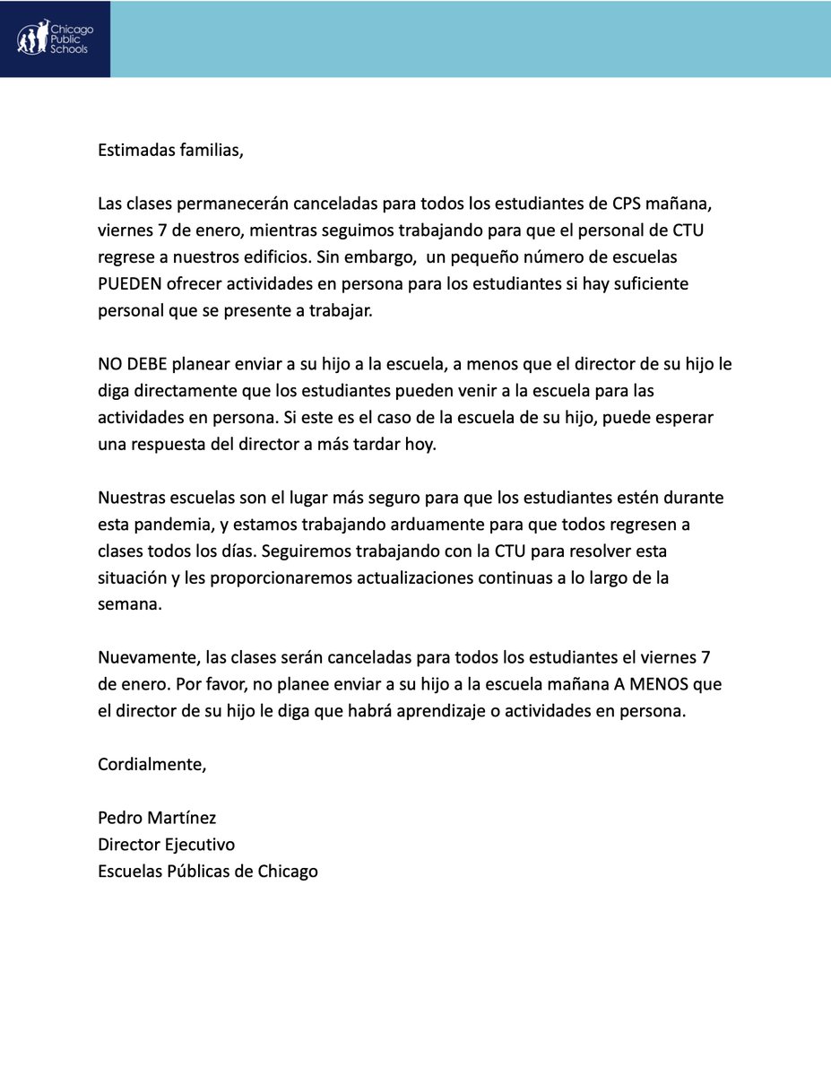 ChiPubSchools's tweet photo. UPDATE: Classes are canceled for all CPS students tomorrow, Friday, January 7. However, a small number of schools may be able to offer in-person activities for students. Please do not plan to send your child to school unless you hear otherwise from your child's principal. https://t.co/3hMnMuMS4b