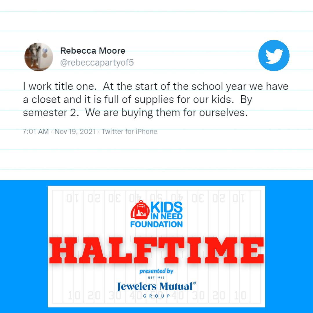 Kids In Need Foundation (@kidsinneed) on Twitter photo Supplies were brand new in the fall. Now, they're gone. Led by <a href="/JewelersMutual/">Jewelers Mutual Group</a>'s commitment to supporting 300 teachers, our goal is to triple that number, outfitting 900 teachers & 21,600 students with new supplies for the 2nd semester. Join the team at bit.ly/3eVkAyr! Supplies were brand new in the fall. Now, they're gone. Led by <a href="/JewelersMutual/">Jewelers Mutual Group</a>'s commitment to supporting 300 teachers, our goal is to triple that number, outfitting 900 teachers & 21,600 students with new supplies for the 2nd semester. Join the team at bit.ly/3eVkAyr!